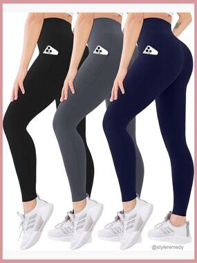 High Waisted Leggings with Pockets 3 Pack Tummy Control Active Yoga Running